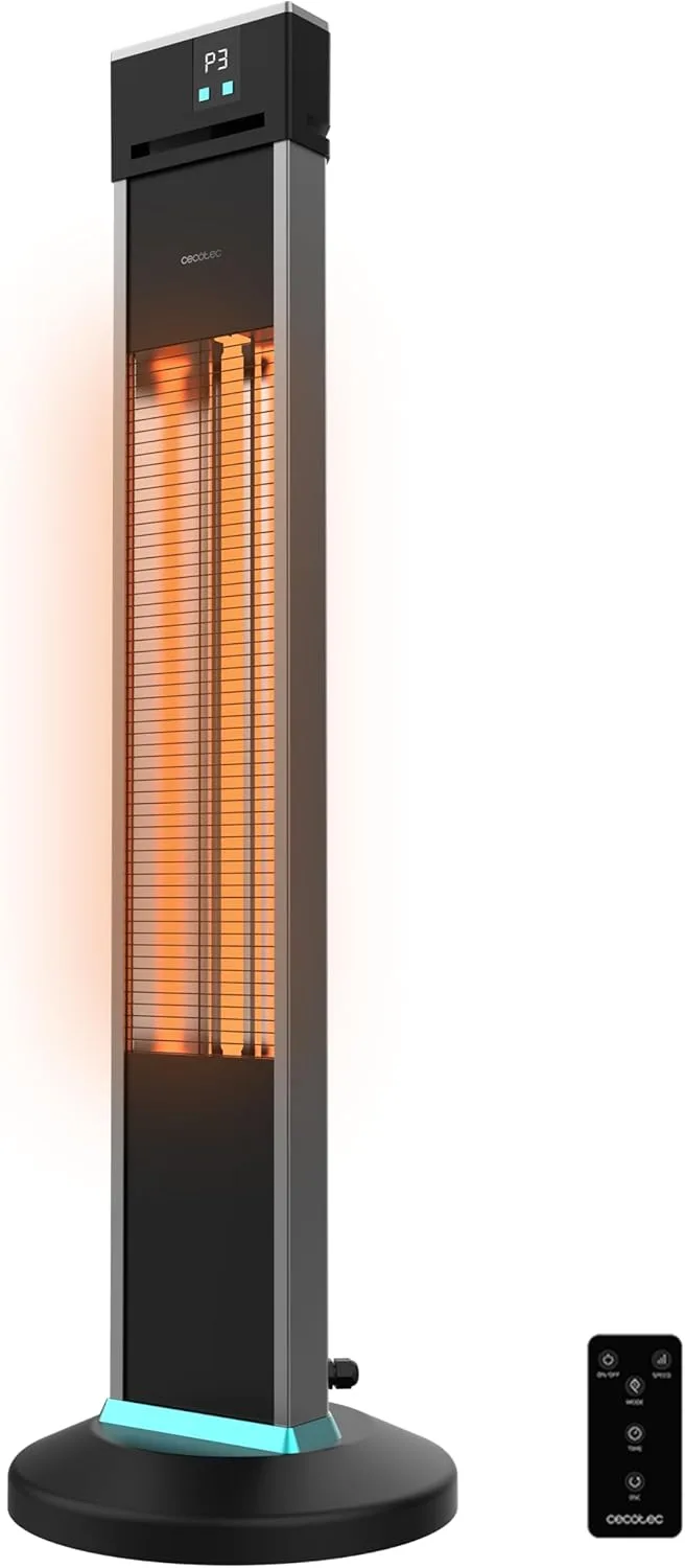 Cecotec ▫️ Aquecedor elétrico de torre exterior ReadyWarm 2000 Power Tower. 2000 W em 3 níveis, tecnologia de halogéneo, proteção IP34, controlo remoto e visor, área de cobertura 10 m2