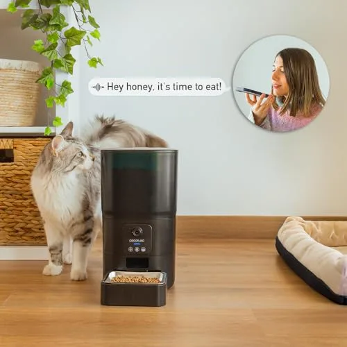 Cecotec ▫️ Comedouro Automático para Animais de Estimação com Controlo Wi-Fi, Câmara e Gravador de Voz Pumba 6000 Purrfect Meal Smart Vision. 6 L, ração até 10 mm, alarme, tigela em aço inoxidável 6