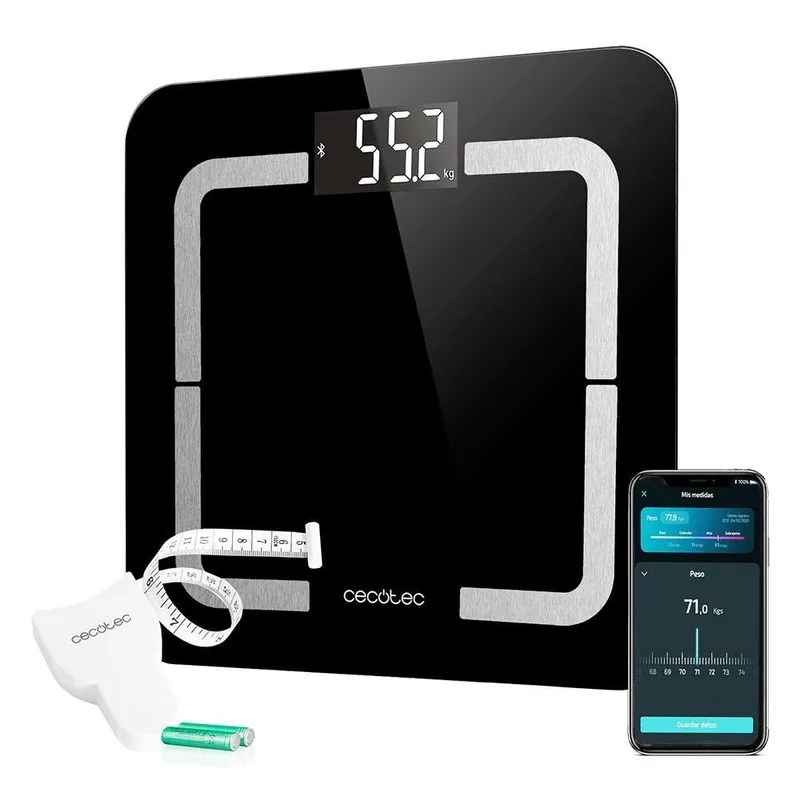 Cecotec ▫️ Balança digital de casa de banho com a aplicação Surface Precision Smart Healthy. Vidro temperado, Bluetooth, medição de bioimpedância com 10 parâmetros, ecrã LCD, peso máximo de 180 kg, 310 x 310 mm