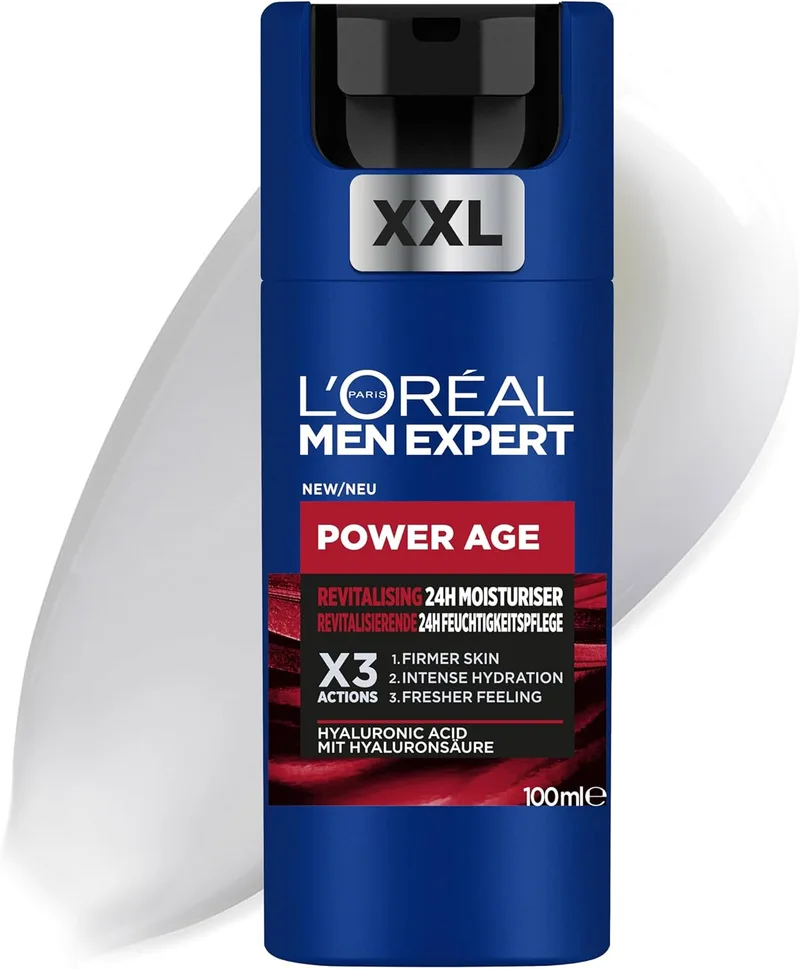 L'Oreal Paris Men Expert ▫️ L'Oréal Men's Moisturising Cream, Antirrugas e anti-idade, Com ácido hialurónico anti-idade, Para pele seca e baça, Men Expert Power Age, 100ml