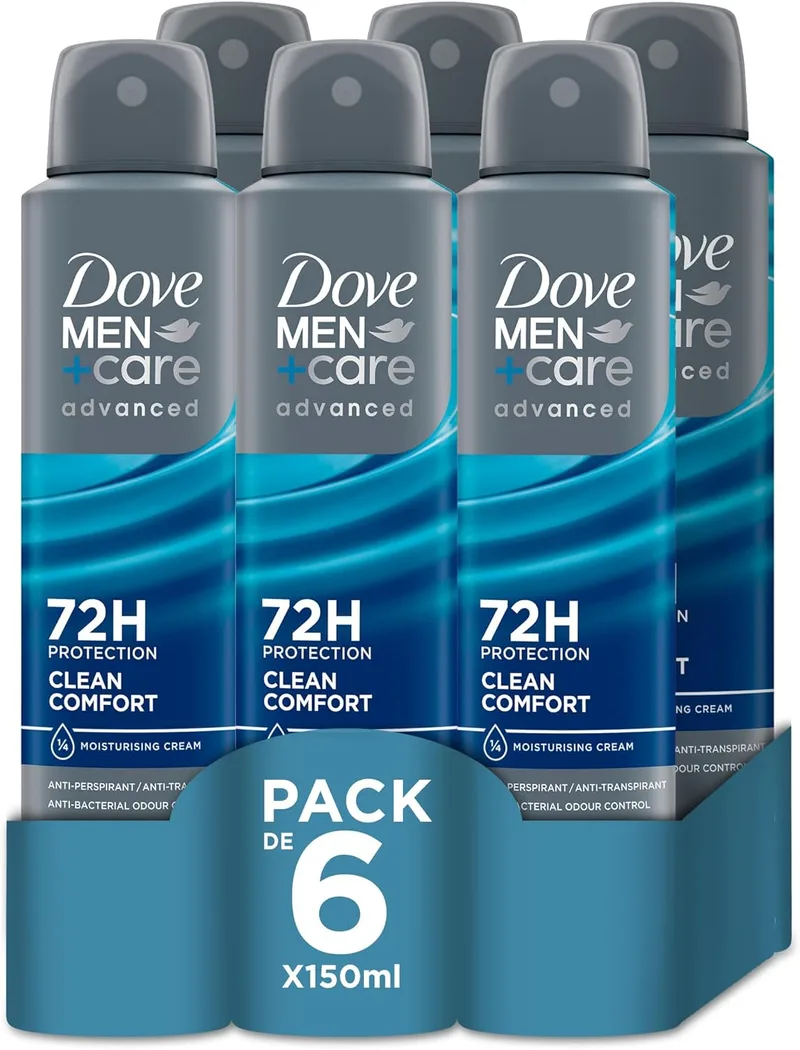 Dove ▫️ Men +Care Desodorizante em aerossol para homem Clean Comfort 72 h, 150 ml, embalagem de 6 unidades,