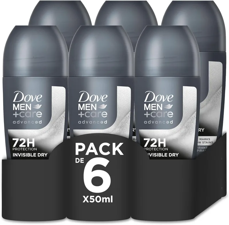 Dove Men + Care ▫️ Dove Men +Care Advanced Desodorizante Roll-On Invisible Dry Proteção de 72 horas Antitranspirante, 50 ml, embalagem de 6 unidades
