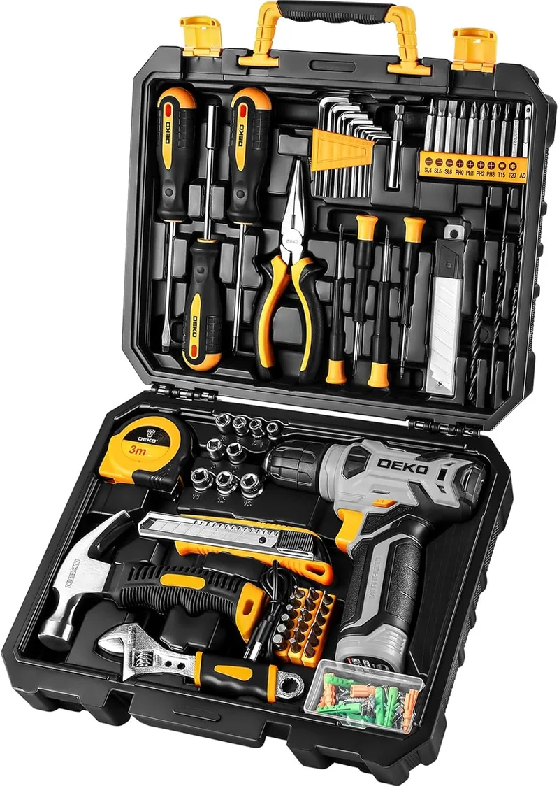 DEKO ▫️ Caixa de ferramentas completa com aparafusadora/broca eléctrica com bateria de 8V, caixa de ferramentas com 126 peças, caixa de ferramentas profissional para bricolage para escritórios e jardins, cinzento