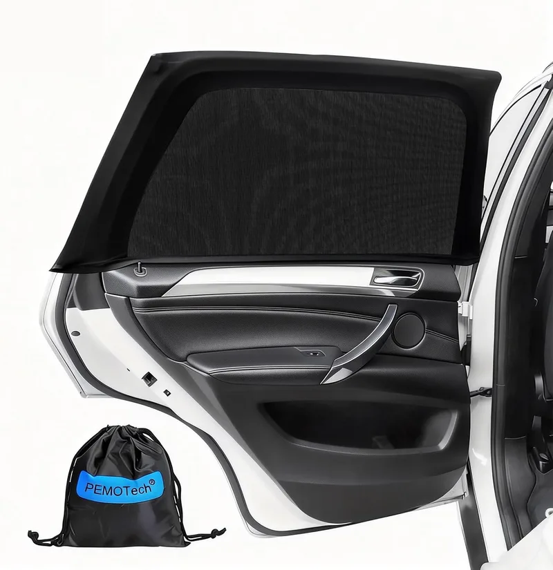 PEMOTech ▫️ Pára-sol para carro para bebé, 2 unidades para janelas laterais traseiras, tecido duplo elástico e respirável, proteção UV e rede mosquiteira, preto