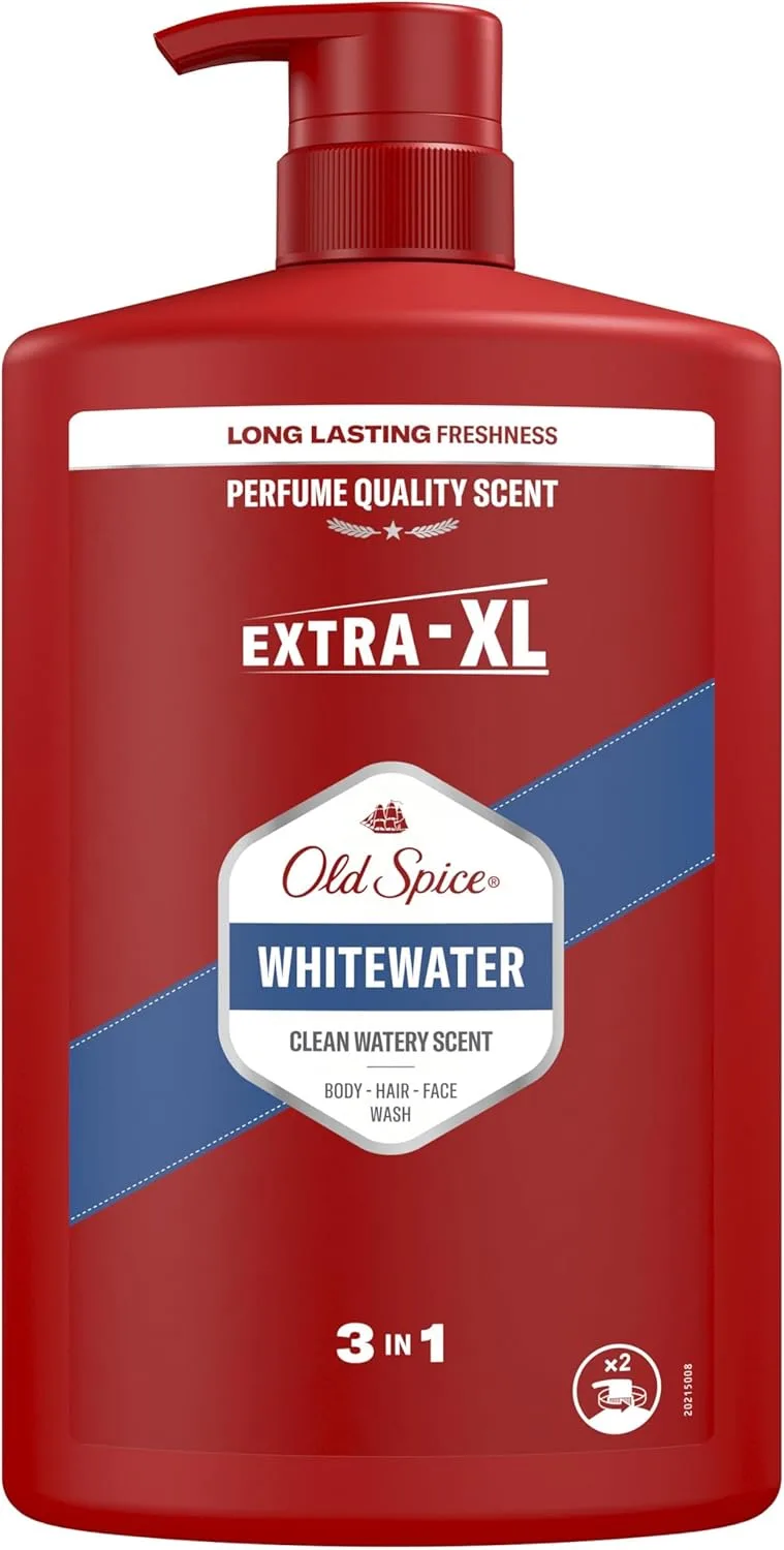 Old Spice ▫️ Whitewater Men's Shower Gel & Shampoo 1000ml, Gel 3 em 1 multiusos para rosto, corpo e cabelo, frescura duradoura, fragrância excecional, limpeza profunda