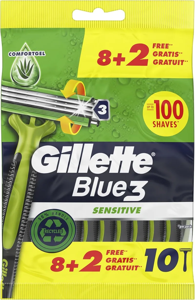 Gillette ▫️ Blue3 Sensitive Navalha Descartável para Homem, 10 unid.