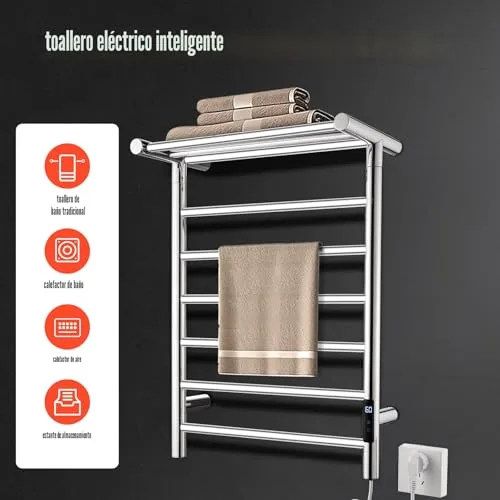 QL ▫️ Toalheiro Elétrico com Temporizador, Toalheiro Elétrico de Parede Inteligente com Temperatura Ajustável, 145 W, Aço Inoxidável, 680 x 500 mm, Prateado 2