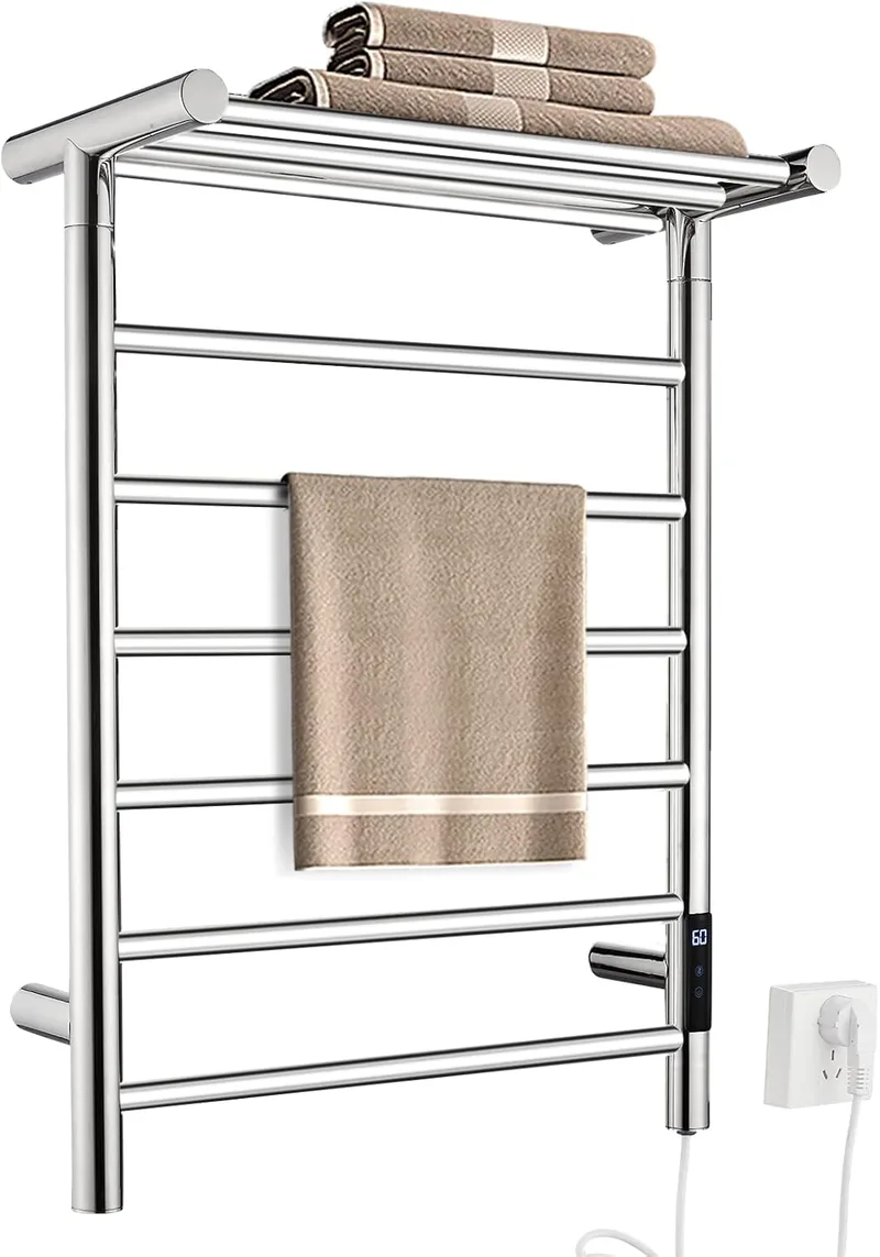 QL ▫️ Toalheiro Elétrico com Temporizador, Toalheiro Elétrico de Parede Inteligente com Temperatura Ajustável, 145 W, Aço Inoxidável, 680 x 500 mm, Prateado