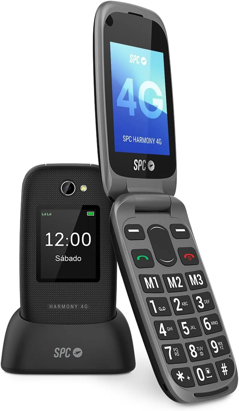 SPC ▫️ Harmony 4G - Fácil de utilizar, Fácil de utilizar, Compatível com aparelhos auditivos, Definição remota, Botão SOS, Volume de toque elevado, Base de carregamento, Preto, Tecla grande, Telemóvel para idosos