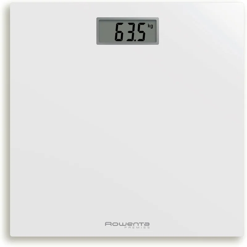 Rowenta ▫️ Premiss BS1401 - Balança digital de vidro temperado, 30 x 30 cm, máx. 150 kg, ultrafina, graduação de precisão a cada 100 g, funções inteligentes, ecrã grande, branco, cor branca