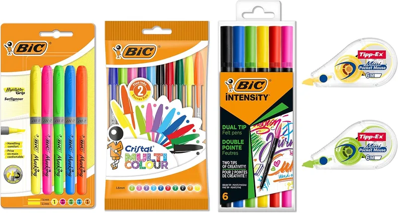 BIC ▫️ Conjunto Colourful com Fita Corretora Mini Pocket Mouse, Canetas Cristal Multicoloridas, Marcadores Highlighter Grip e Canetas de Tinta Intensity Dual Tip - Cores Sortidas, Embalagem de 23