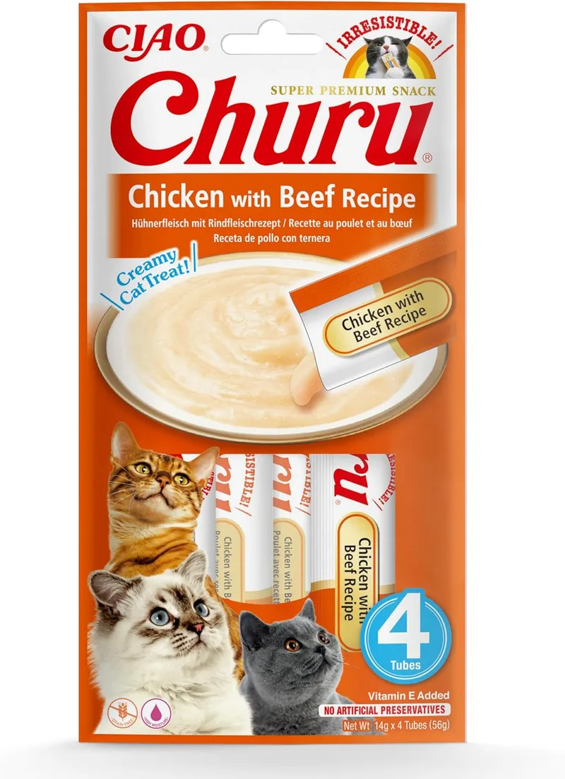 INABA ▫️ Churu - Prêmios para gatos - Snacks saudáveis de frango com vitela - Textura cremosa - Sem cereais, conservantes nem corantes - Apenas 6 cal - 4x14 g (56 g)