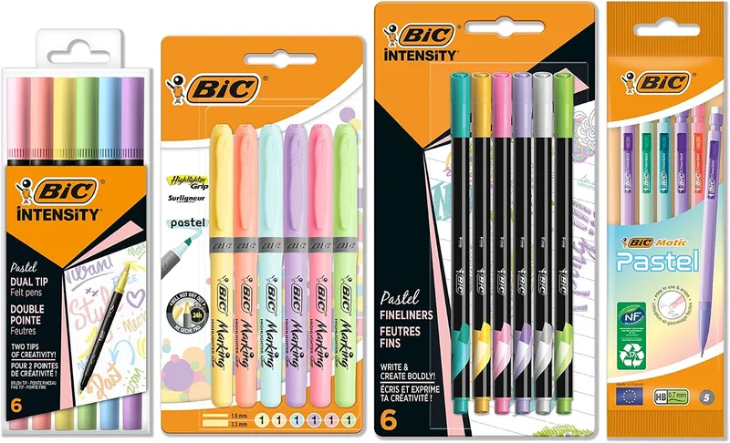 BIC ▫️ Conjunto de secretária Pastel com marcadores, portaminas, sublinhadores e canetas de ponta fina - Tinta e corpo em cores pastel variadas, embalagem de 23 unidades