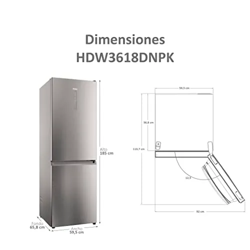 Haier ▫️ 2D Série 60 3 HDW3618DNPK - Frigorífico combinado, funções inteligentes, ligação Wi-Fi, motor inverter, gaveta «Humidity Zone», sistema «Total No Frost», compartimento para garrafas, largura de 60 cm, 341 L, iluminação LED, aço inoxidável 3