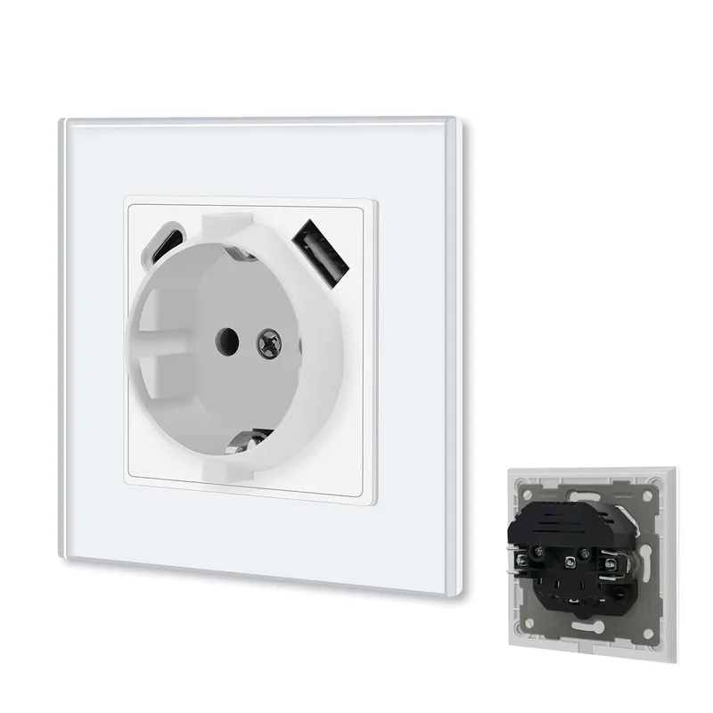 BSEED ▫️ Tomada de parede com portas USB (Tipo C e Tipo A 2.1A no total), ficha Schuko simples branca com clipes, tomada de parede 16A 250V com 2 carregadores USB e Tipo C adequados para Smartphone MP3 Tablet