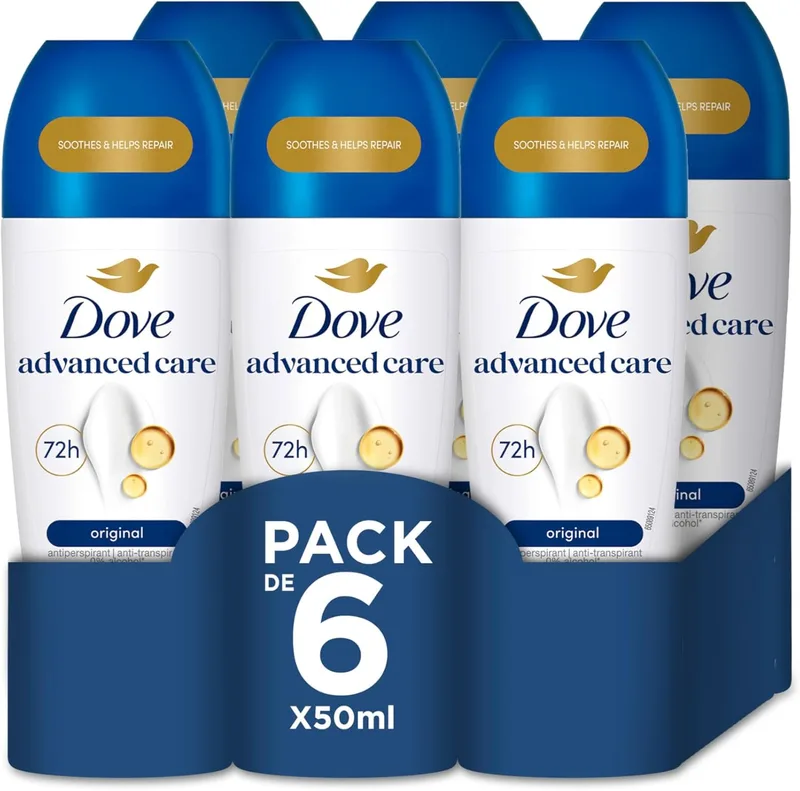 Dove ▫️ Advanced Care Desodorizante Roll-On 48h Original Sem Álcool para Mulher, com Óleo Nutritivo 100% Natural e Antitranspirante, Embalagem de 6 x 50 ml