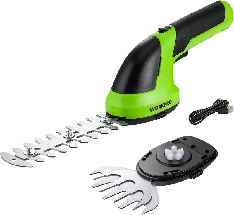 WORKPRO ▫️ Tesoura para relva e aparador de sebes 2 em 1, 7,2 V, aparador de sebes a bateria de 2 Ah, Tesoura para aparar sebes com 2 tipos de lâminas, largura de corte de 100 mm e 150 mm, ferramenta de jardim (Verde) | Cortador de sebes a bateria de 2 Ah com lâminas de 100 mm e 150 mm para aparar r