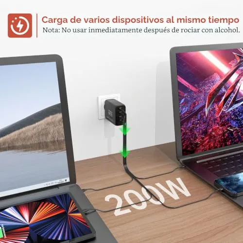 Rosaking ▫️ Carregador USB-C de 200 W, carregador rápido com tecnologia GAN III, carregador rápido USB-C de 4 portas para MacBook Air, carregador compatível com o Samsung Galaxy Book 4
