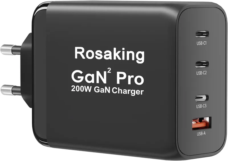 Rosaking ▫️ Carregador USB-C de 200 W, carregador rápido com tecnologia GAN III, carregador rápido USB-C de 4 portas para MacBook Air, carregador compatível com o Samsung Galaxy Book