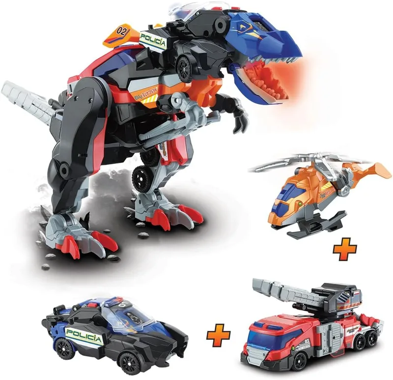 VTech ▫️ Switch&Go Dinos 4 em 1 Mega T-Rex S.O.S., Super Dinossauro Combinação de Três Veículos de Emergência, Dinossauros e Figuras de Ação, Brinquedo para Crianças +3 anos, Versão ESP