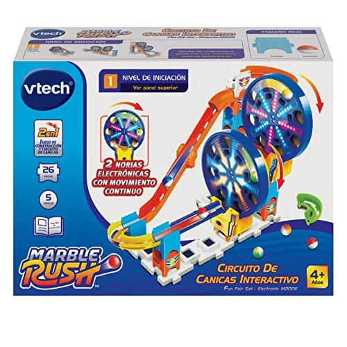 VTech ▫️ Conjunto Marble Rush Fun Fair M200E, Circuito interativo de bolinhas de gude e brinquedo de construção para crianças a partir dos 4 anos, duas rodas-gigantes eletrónicas e mais acessórios, versão ESP 5