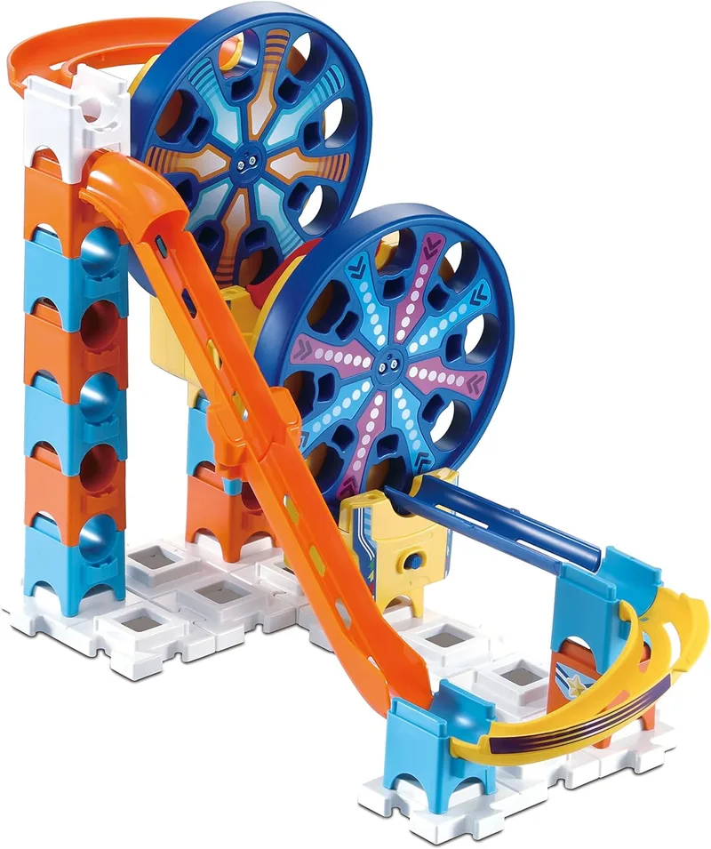 VTech ▫️ Marble Rush Fun Fair Set Electronic M200E, Corrida de berlindes interactiva e brinquedo de construção para crianças a partir dos 4 anos, duas rodas gigantes electrónicas e mais acessórios, versão ESP