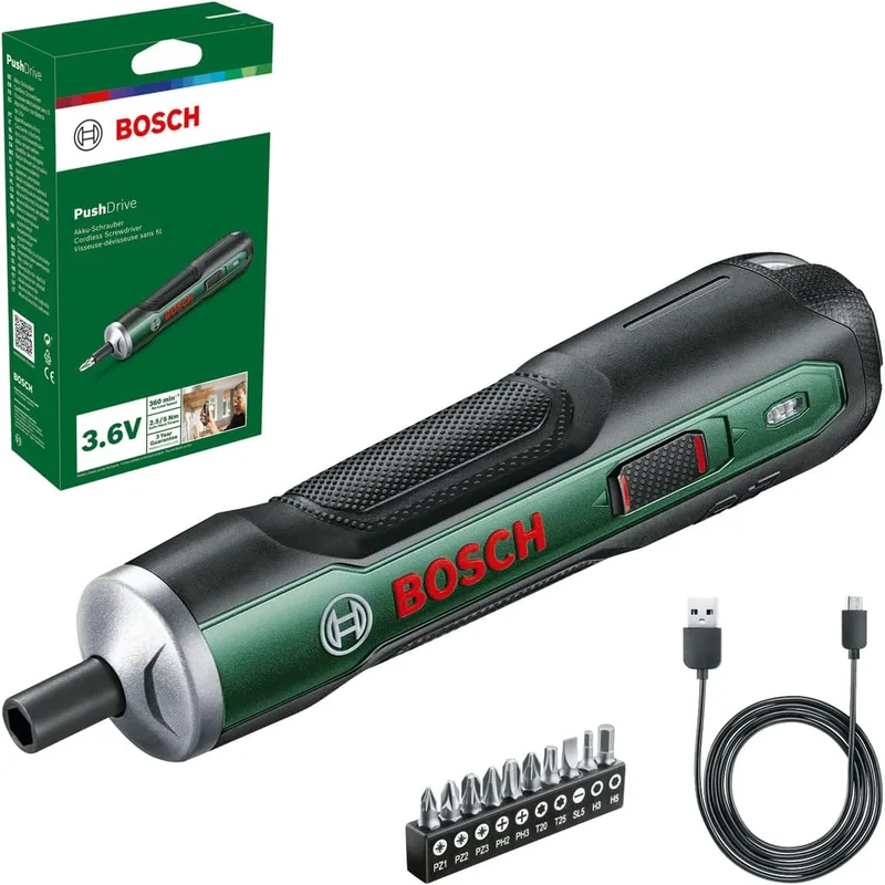 Bosch ▫️ Conjunto inicial de chave de fendas a bateria PushDrive (3,6 V; 1,5 Ah; 5,0 Nm; 10 brocas; com cabo de carregamento micro USB; em caixa de cartão)