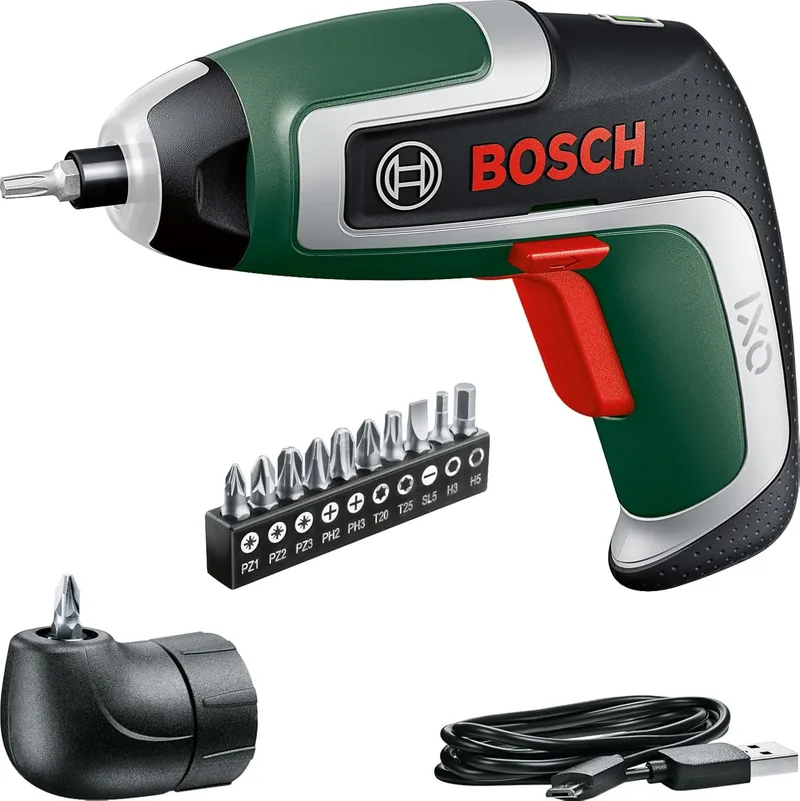 Bosch ▫️ Conjunto de aparafusadora a bateria compacta IXO (7.ª geração; 3,6 V; 2,0 Ah; 5,5 Nm; adaptador para aparafusar em ângulo; com cabo micro USB; aparafusa até 190 parafusos; em caixa) – Edição Amazon