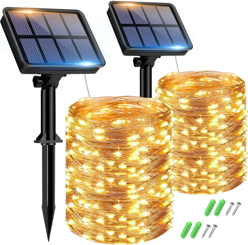btfarm ▫️ Conjunto de 2 guirlandas de luzes solares para exterior, total de 30 m com 300 LEDs, 8 modos de iluminação - Guirlanda de luzes decorativa para terraços, festas, casamentos, pátios e jardins (branco quente)
