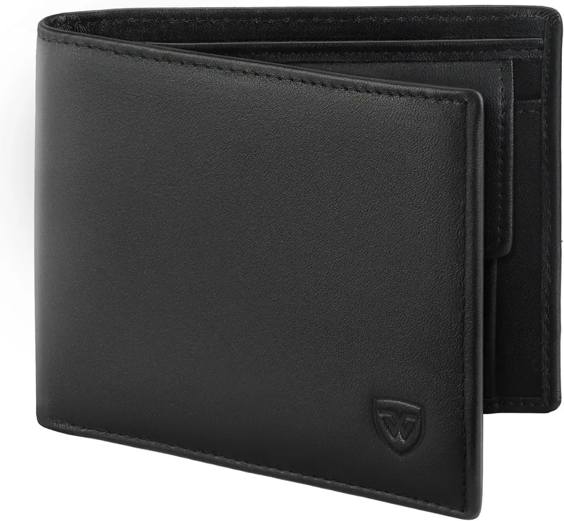 WONSEFOO ▫️ Carteiras de homem, Carteira Bifold fina com RFID, 10 ranhuras para cartões (incluindo BI), ranhuras para notas, bolso para moedas, caixa de oferta (preto)