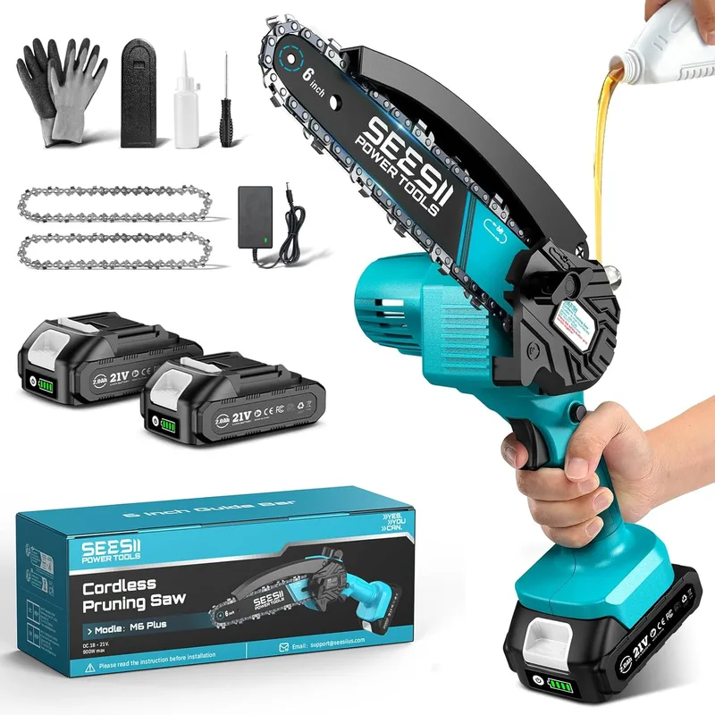 Seesii ▫️ Mini-motosserra de 6'', com bateria de 2x2000 mAh, motosserra elétrica de 900 W a bateria | Depósito de óleo e corrente substituível, motosserra sem fios portátil para poda de árvores de jardim