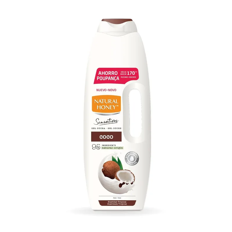 Natural Honey ▫️ Gel de Duche com Extrato de Coco Natural Hidratante e Suavizante, com Complexo Hidradérmico para uma Pele Macia, Fresca e Protegida, Aroma Tropical, Linha Sensations, 1350 ml