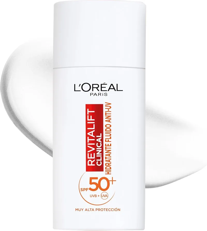 L'ORÉAL ▫️ Paris Revitalift Clinical Fluido Hidratante Anti-UV FPS 50+ para uso diário com vitamina C. Protege a sua pele dos raios solares. Previne as rugas de expressão e as manchas escuras. Acabamento invisível, 50 ml.
