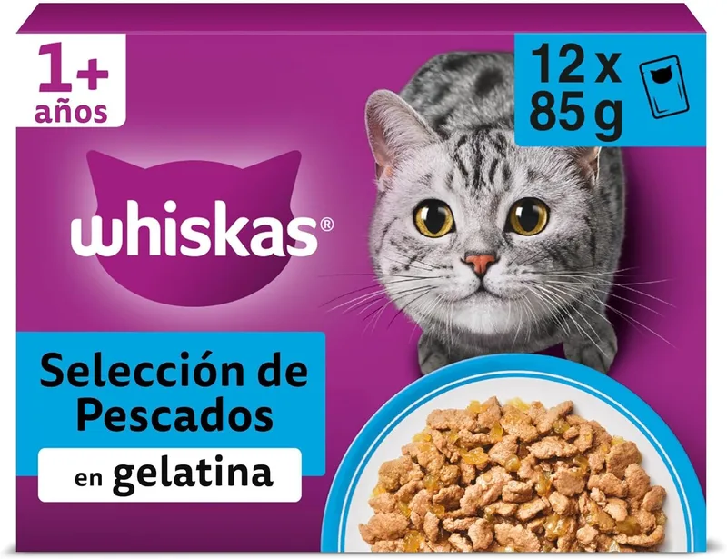 Whiskas ▫️ Comida Húmida para Gatos Adultos - Seleção de Peixe em Gelatina (Multipack 4x12x85 g)