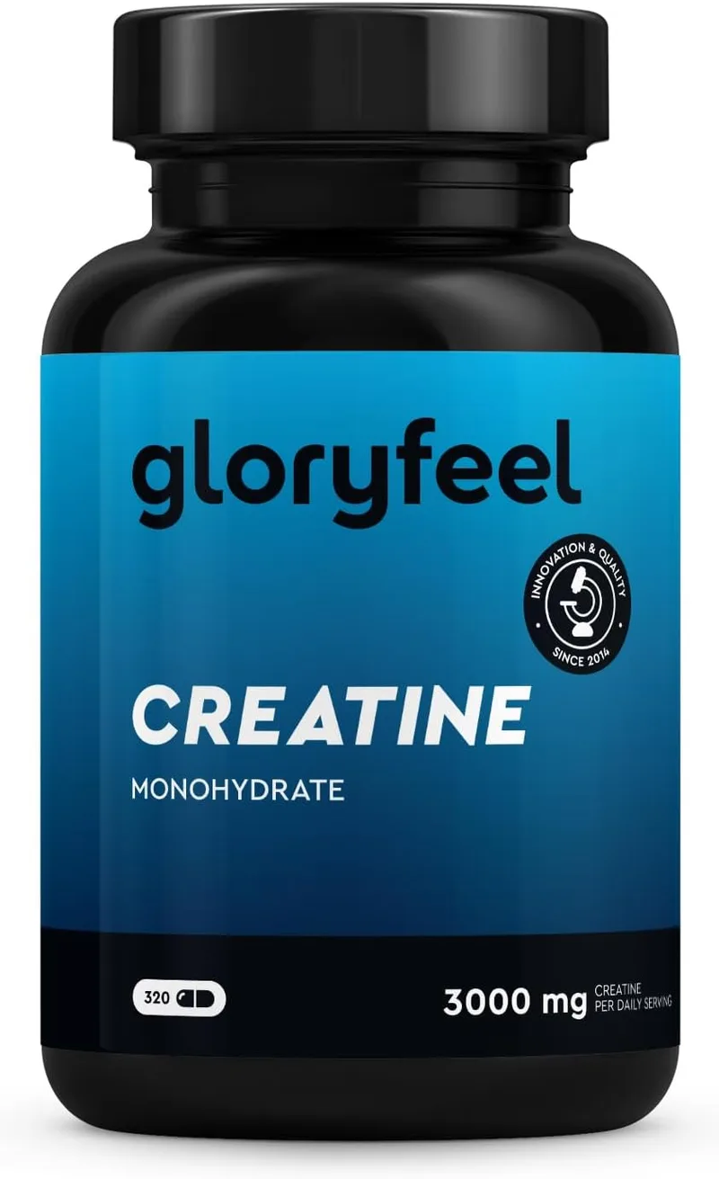 Gloryfeel ▫️ Creatina Monohidratada 3.412 mg - 320 Cápsulas - Para o aumento da massa muscular, o teu treino, o desporto e o fitness - 3000 mg de creatina pura em pó em doses elevadas - Testado em laboratório. Sem aditivos