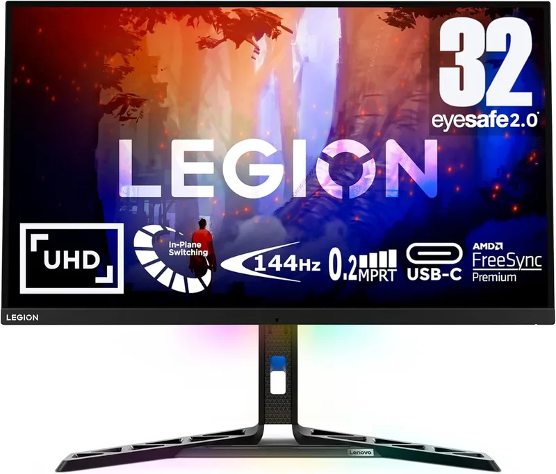 Lenovo ▫️ Legion Y32p-30 - Monitor para jogos de 31,5" 4K UHD com EyeSafe (IPS, 144 Hz, 0,2 ms, HDMI, DP, USB-C + cabos, FreeSync Premium, HDR400, altifalantes) Ajuste de inclinação/elevação/rotação - Preto