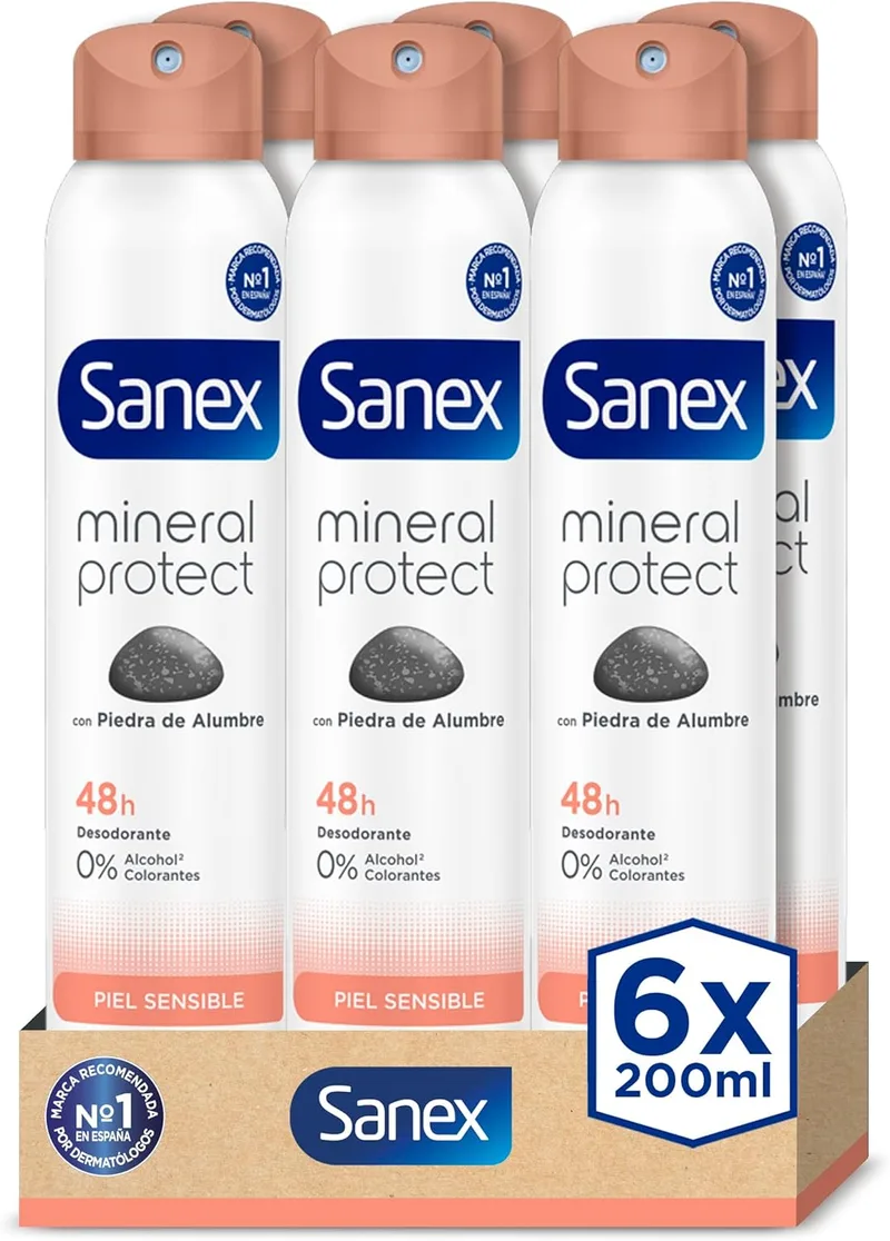 Sanex ▫️ Desodorizante em spray Mineral Protect, embalagem de 6 x 200 ml, proteção 48 horas contra o mau cheiro, com pedra de alúmen, 0% de álcool, sem alergénios e corantes, pele sensível