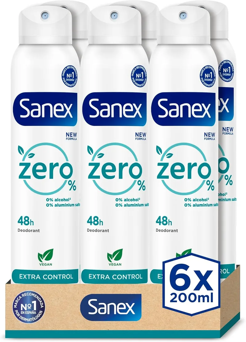 Sanex ▫️ Zero% Extra Control Desodorizante Spray, Embalagem 6 x 200ml, Proteção 48H, 0% Álcool e 0% Sais de Alumínio, Ingredientes Antibacterianos, Inibe a Formação de Odores Corporais