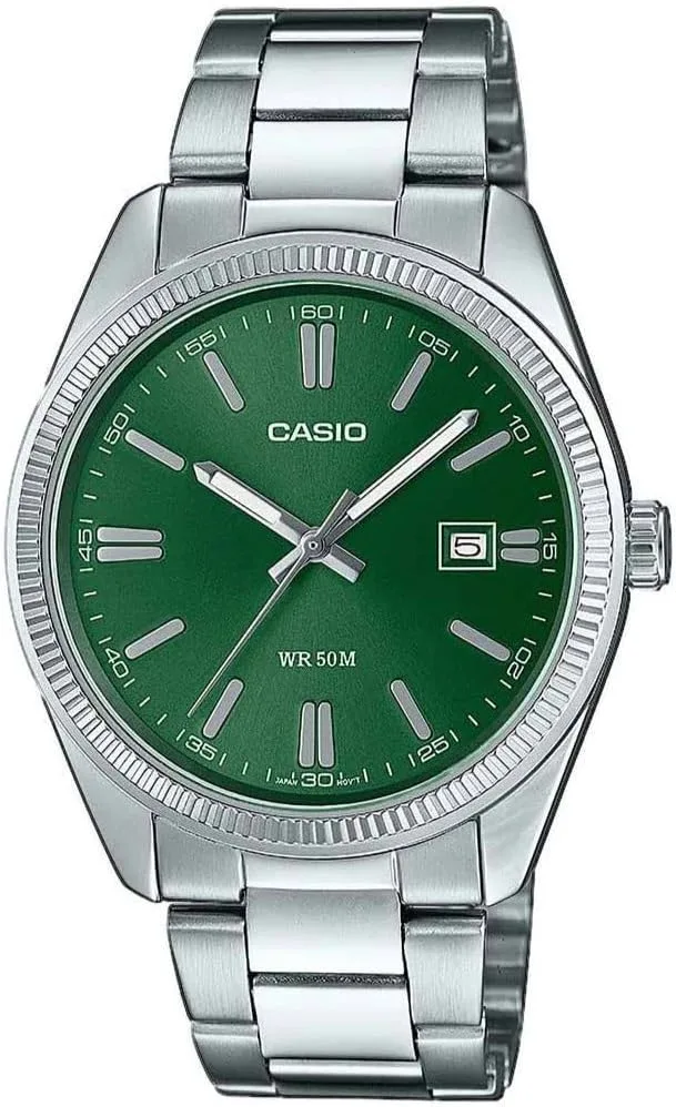 Casio ▫️ Relógio de quartzo unissexo, 39,00 mm, com mostrador analógico verde e bracelete metálico prateado MTP-1302PD-3AVEF