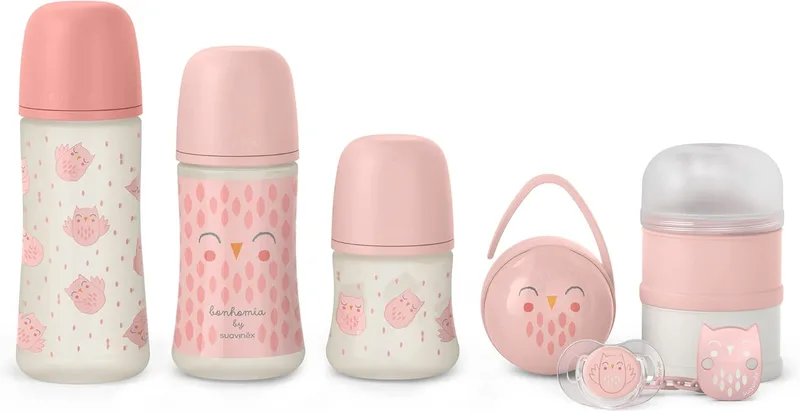 SUAVINEX ▫️ Conjunto Premium para recém-nascidos. Biberões de 150 ml/270 ml/360 ml + chupeta 0-6 meses com tetina Physilogical SX Pro + dispensador de leite + suporte de chupeta Duo + pinça. Cor-de-rosa