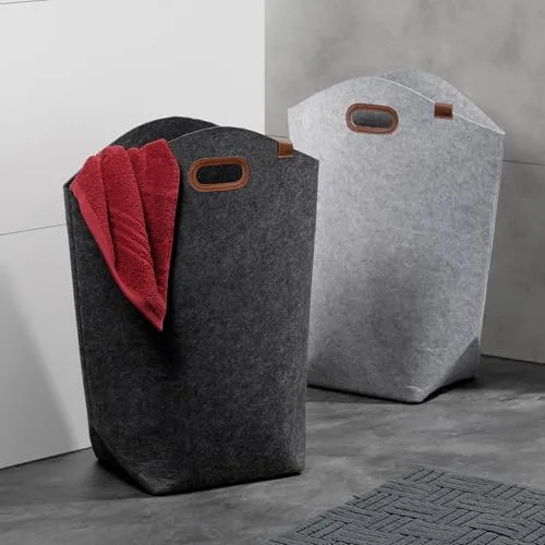 kela ▫️ Saco de roupa suja dobrável em feltro, cestos de roupa suja, cesto para roupa 61 cm, FAY, alças reforçadas, cinzento escuro 2