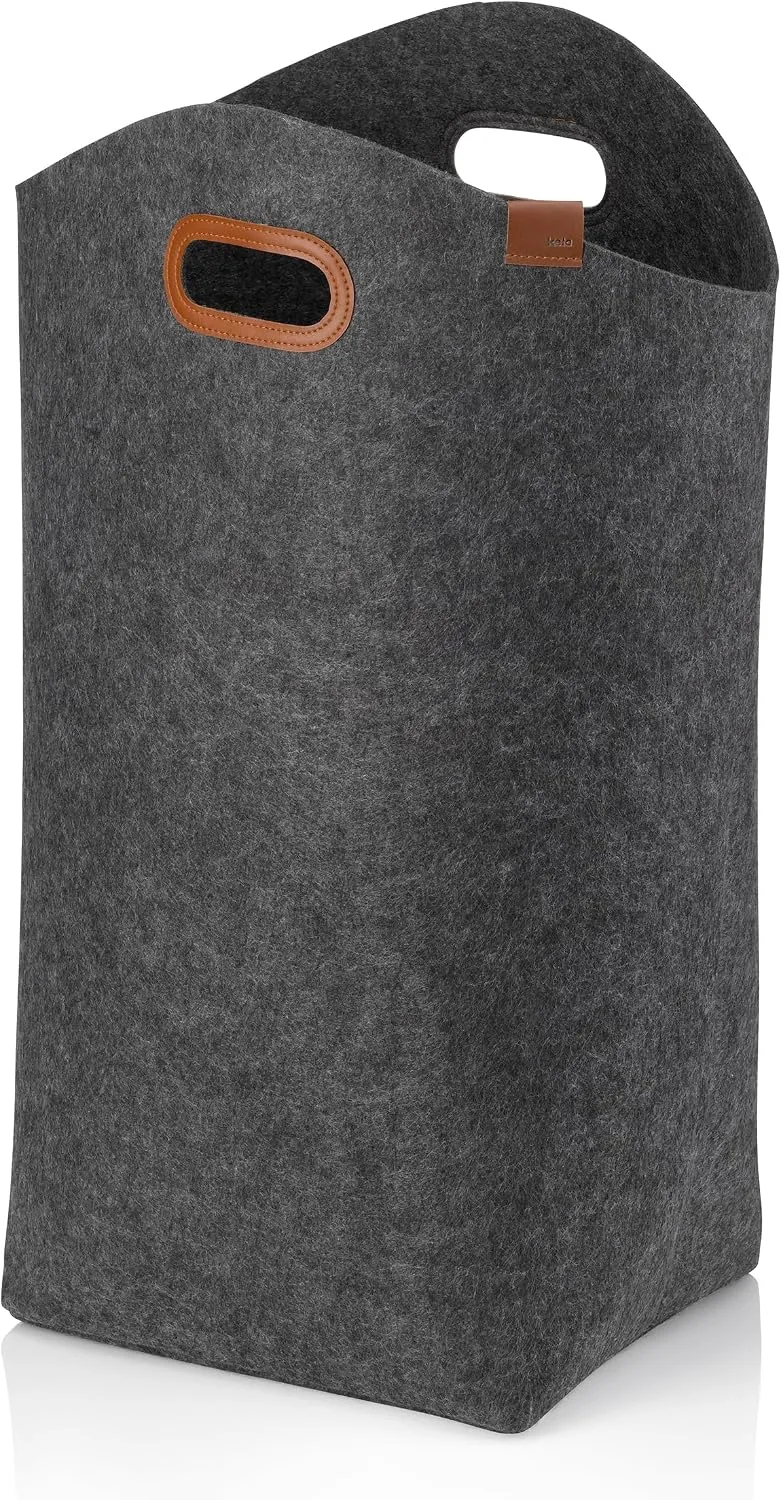 kela ▫️ Saco de roupa suja dobrável em feltro, cestos de roupa suja, cesto para roupa 61 cm, FAY, alças reforçadas, cinzento escuro