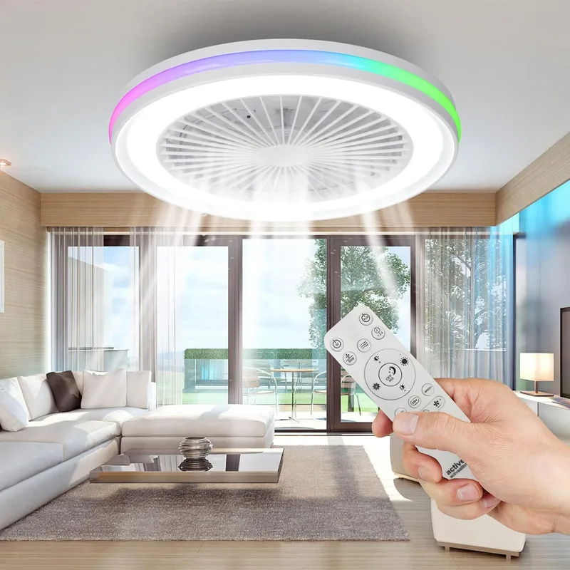 activeallbrite ▫️ Ventilador de teto com luz,Motor CC de 20 W, LED de 40 W, RGB 3000 K-6500 K, velocidade do vento ajustável com comando à distância, adequado para 10 m²-13 m² (cozinha, sala de estar, quarto), Ø 47 cm