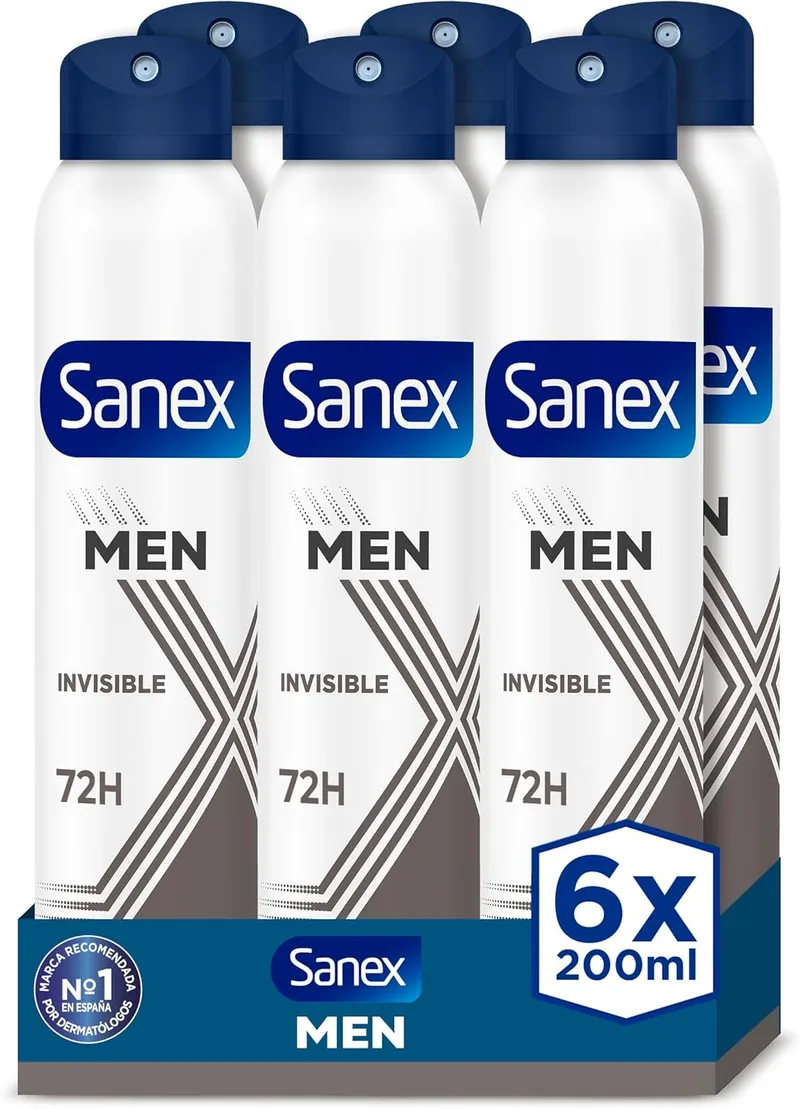 Sanex ▫️ Men Invisible Antitranspirante Desodorizante em Spray, Embalagem de 6 x 200 ml, 72 horas de proteção contra o suor e o odor, Anti-manchas, Fórmula anti-irritação, Neutraliza o mau odor, 0% de álcool*