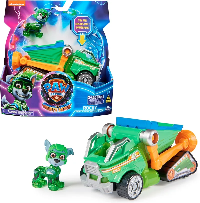 Paw Patrol Paw Patrol - Figura do Rocky e Camião de Reciclagem com Luzes e Sons do Super Filme - 6067508 - Brinquedos para Crianças 3 Anos + - Prenda para Rapaz 3 Anos +