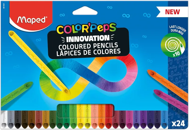 Maped ▫️ Lápis de Cor Peps Infinity, Conjunto de 24 Cores Sortidas, Duração 10 Vezes Superior com Design Triangular Ergonómico, Cores Vivas para Desenhar e Colorir