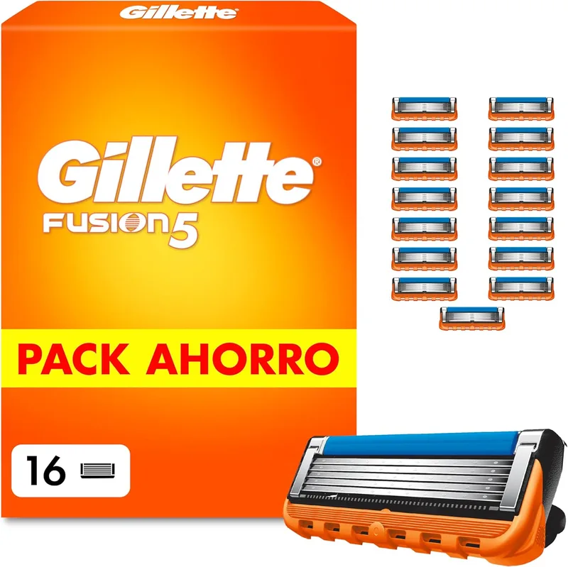 Gillette ▫️ Lâminas de barbear Fusion5 para homem, embalagem de 16 | Recargas para máquinas de barbear com 5 lâminas, faixa de gel lubrificante e aparador de precisão