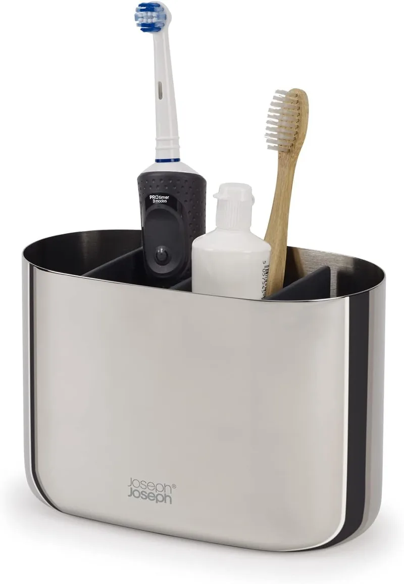 Joseph Joseph ▫️ EasyStore, Suporte elegante para escova e pasta de dentes, Organização na casa de banho, Grande, Aço inoxidável