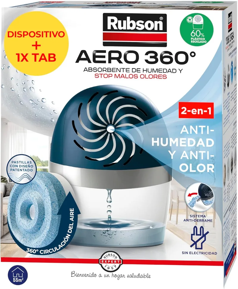 Rubson ▫️ AERO 360º Desumidificador recarregável (1 aparelho e 1 pastilha de 450 g), absorve a humidade, evita a condensação e os maus cheiros, anti-humidade absorvente