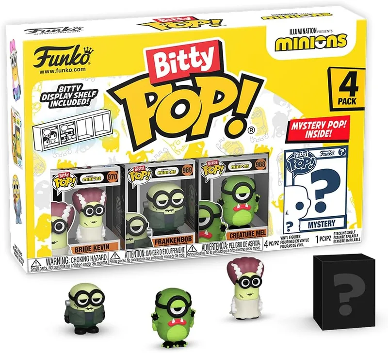 Funko ▫️ Bitty Pop! Minions - Frankenbob 4PK - Frankenbob, Noiva Kevin, Criatura Mel e uma Minifigura Surpresa Misteriosa - 2,2 cm - Minions 2 Coleccionáveis - Prateleira Empilhável Incluída